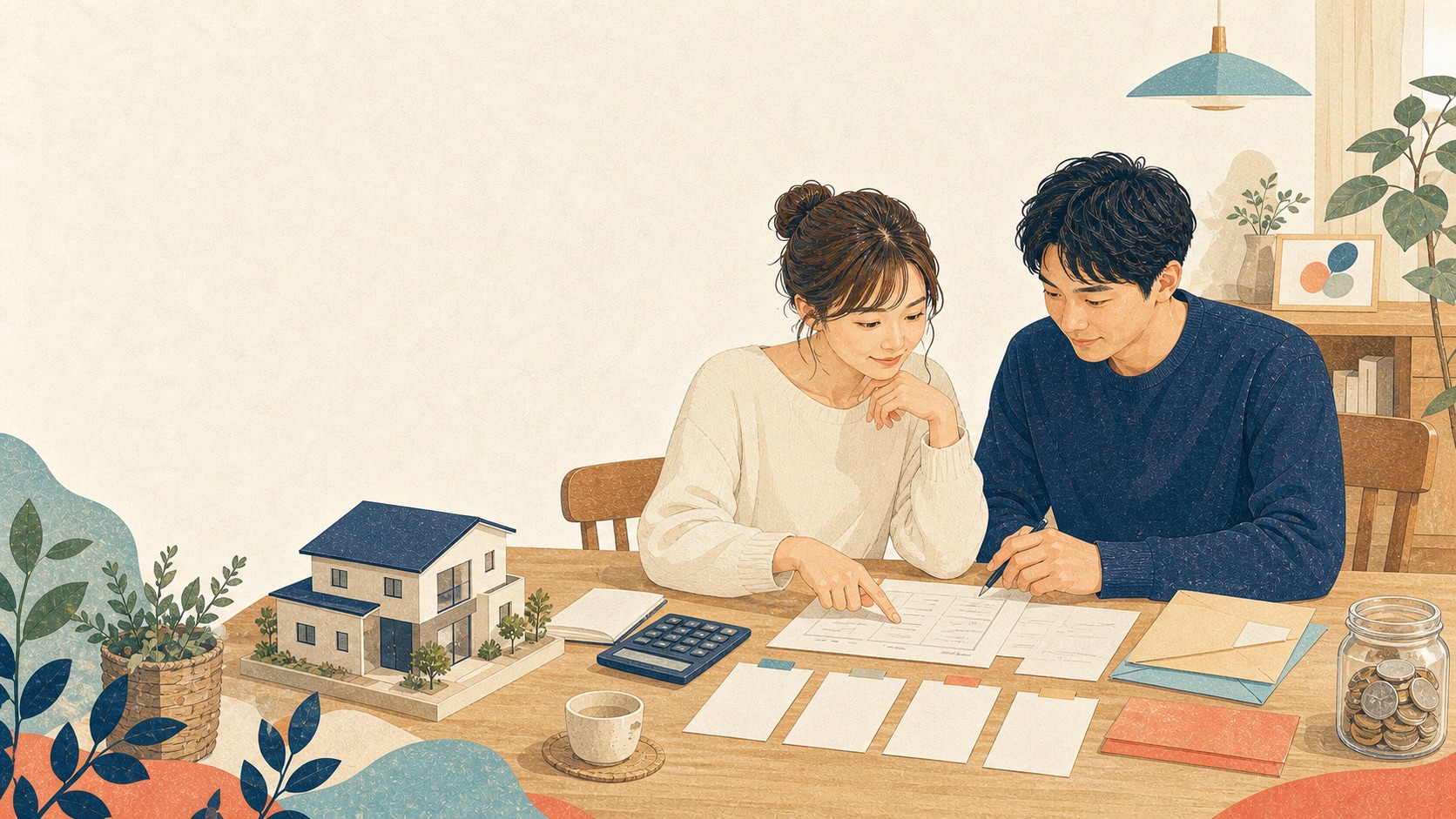 住宅模型と家計資料を前に、無理のない住宅予算を一緒に考える若い二人のイラスト