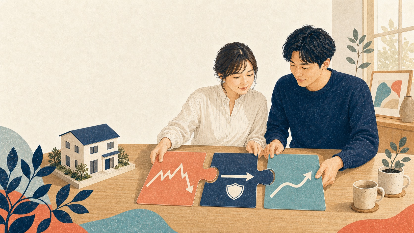 変動・固定・ミックスを表す三つのパズルピースを組み合わせる若い二人のイラスト